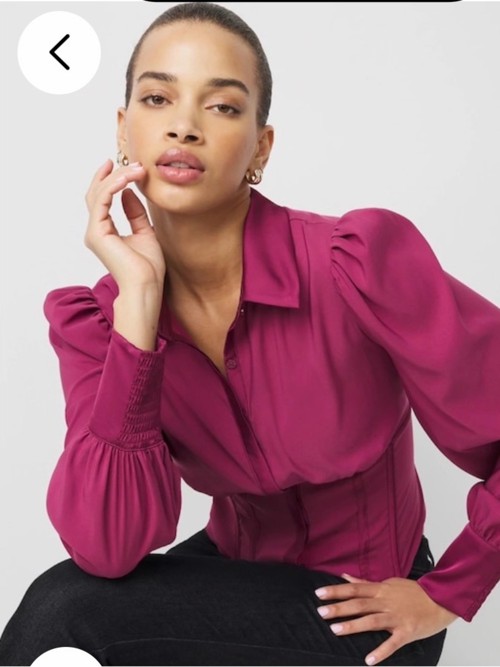 WHBM NWT Womens Magenta Puff Sleeve Button-Front Top with Corset Detail
